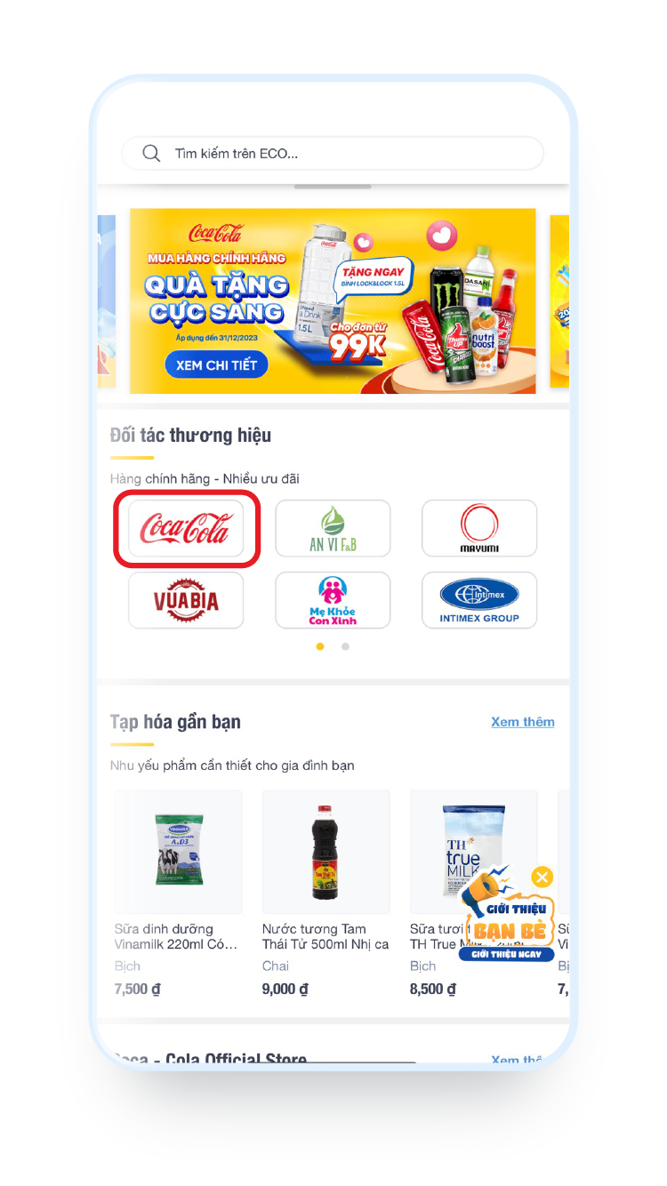 Bước 1: Tại mục "Đối tác thương hiệu" chọn biểu tượng Coca - Cola Official Store