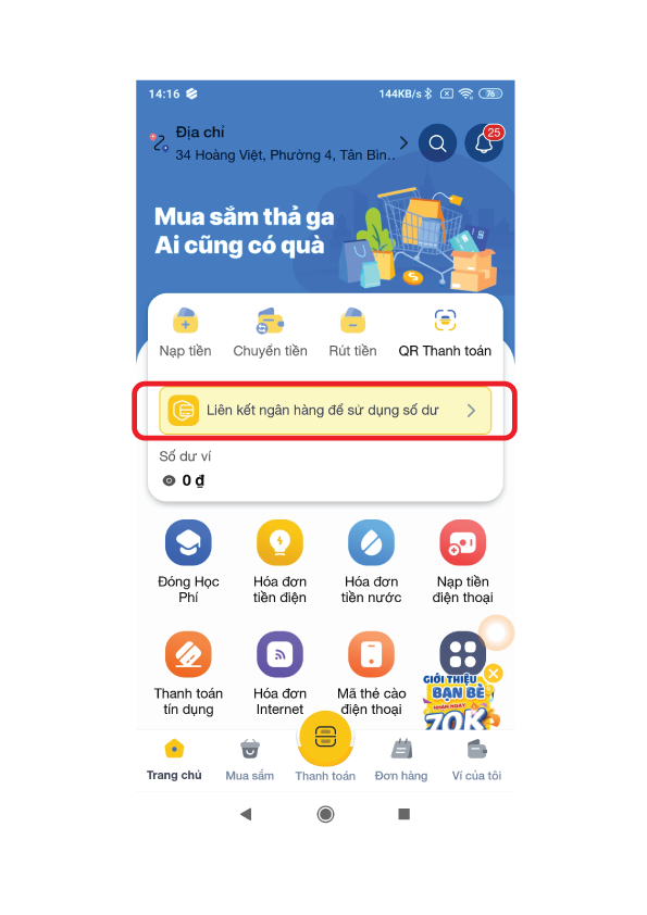 Bước 1: Tại trang chủ, Chọn “Liên kết ngân hàng để sử dụng số dư”