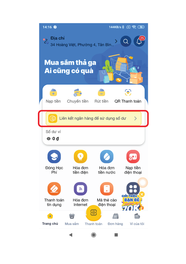 Bước 1: Tại trang chủ, Chọn “Liên kết ngân hàng để sử dụng số dư”