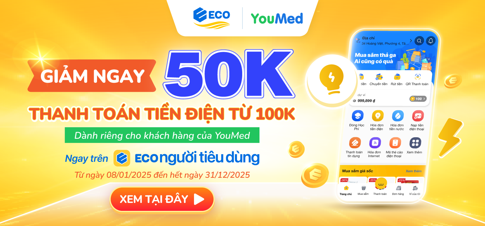 GIẢM 50K THANH TOÁN HÓA ĐƠN ĐIỆN TỪ 100K </br> DÀNH RIÊNG CHO KHÁCH HÀNG CỦA YOUMED TRÊN ECO